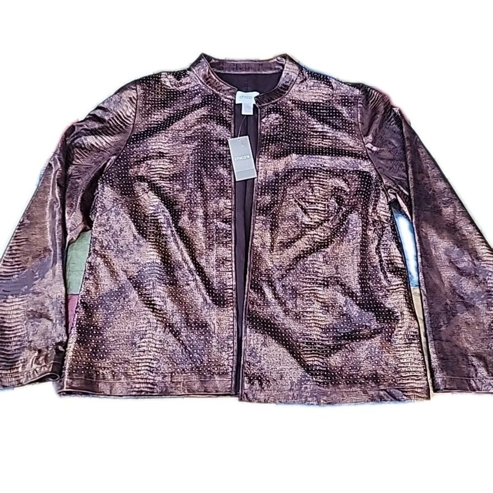 RTL $149 CHICOS Brown Faux Leather Artisan Studded Copper Shimmer Jacket Sz 2